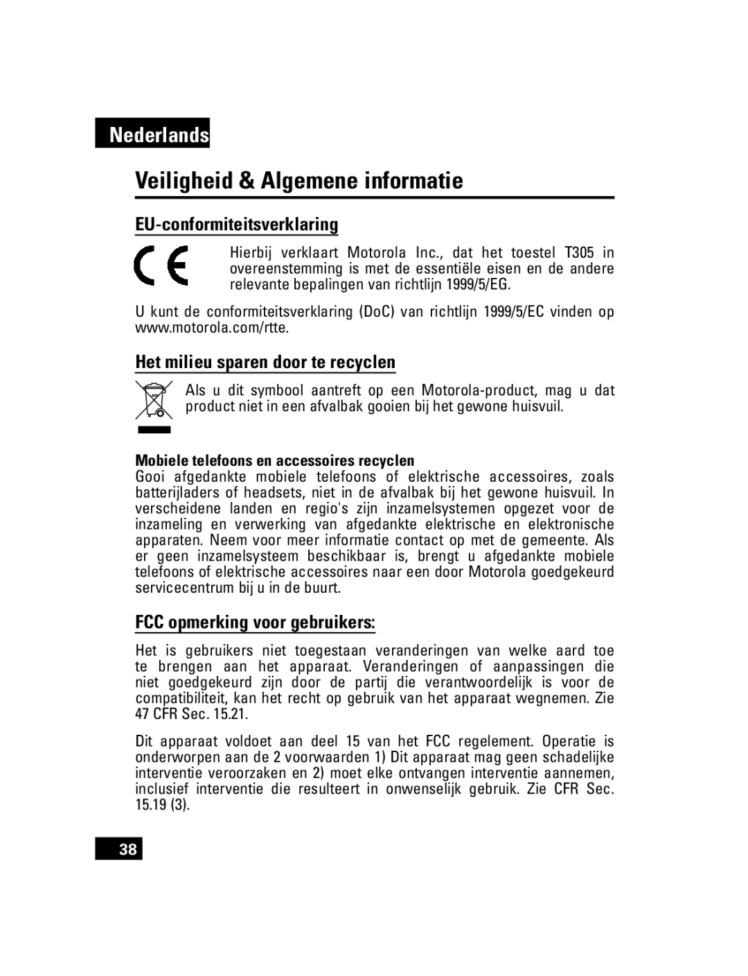 Motorola T305 manual Veiligheid & Algemene informatie, EU-conformiteitsverklaring, Het milieu sparen door te recyclen 