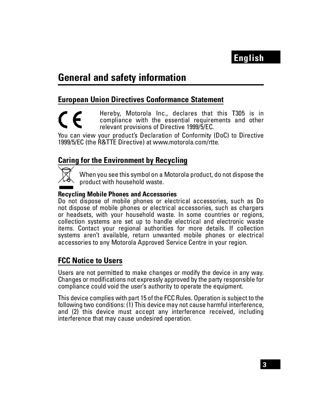 Motorola T305 manual General and safety information, European Union Directives Conformance Statement, FCC Notice to Users 