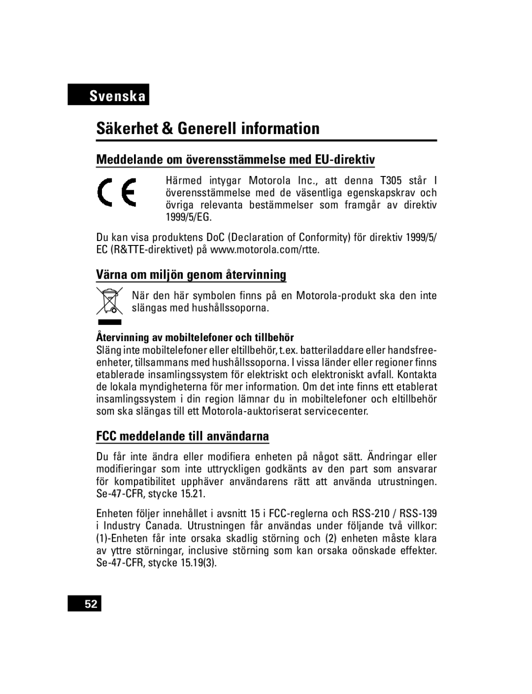 Motorola T305 manual Säkerhet & Generell information, Meddelande om överensstämmelse med EU-direktiv 