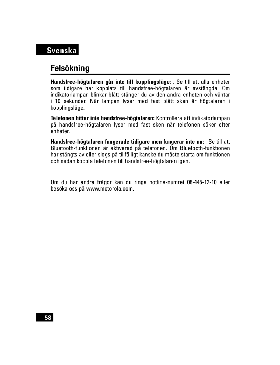 Motorola T305 manual Felsökning 