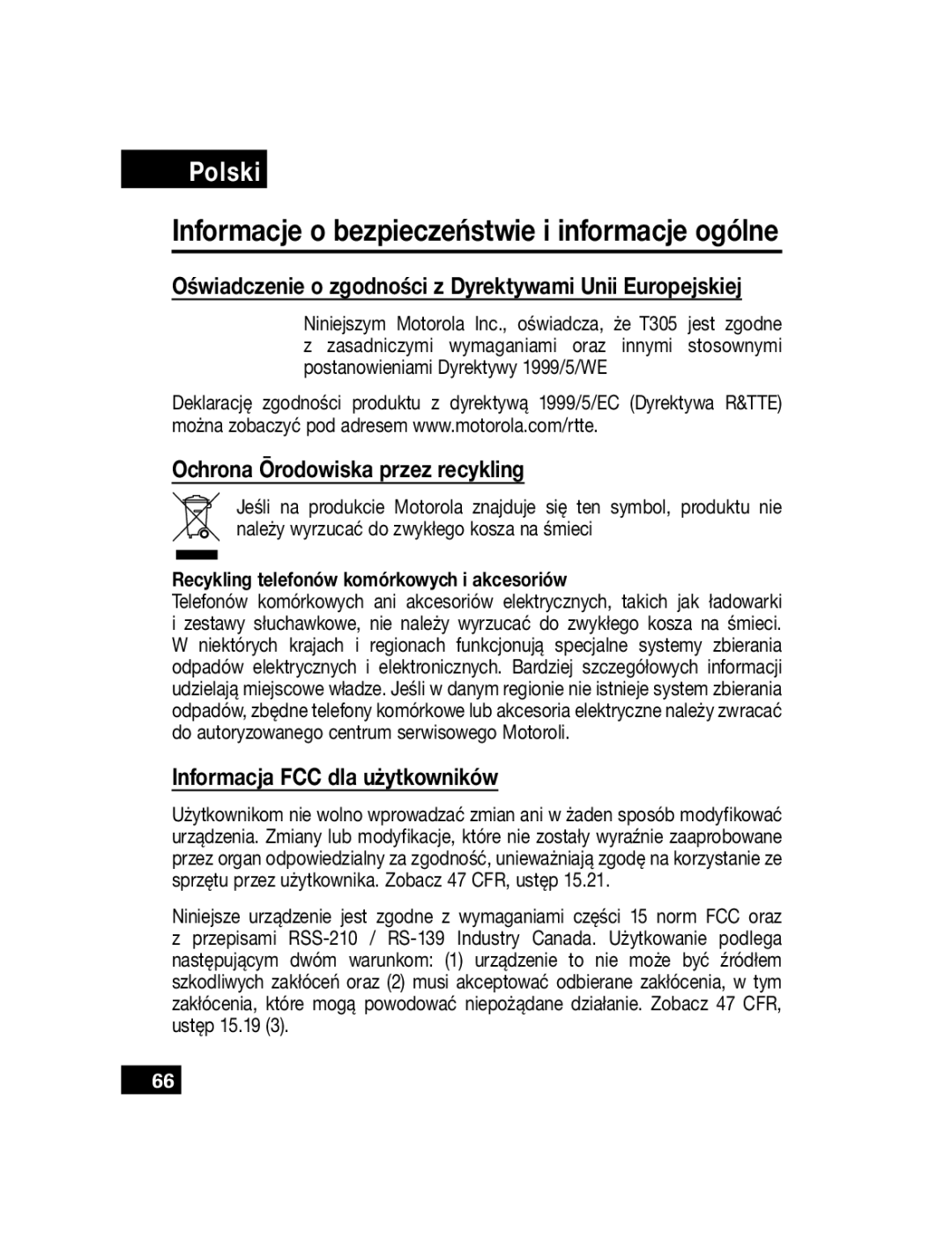 Motorola T305 manual Oświadczenie o zgodności z Dyrektywami Unii Europejskiej, Ochrona Ōrodowiska przez recykling 