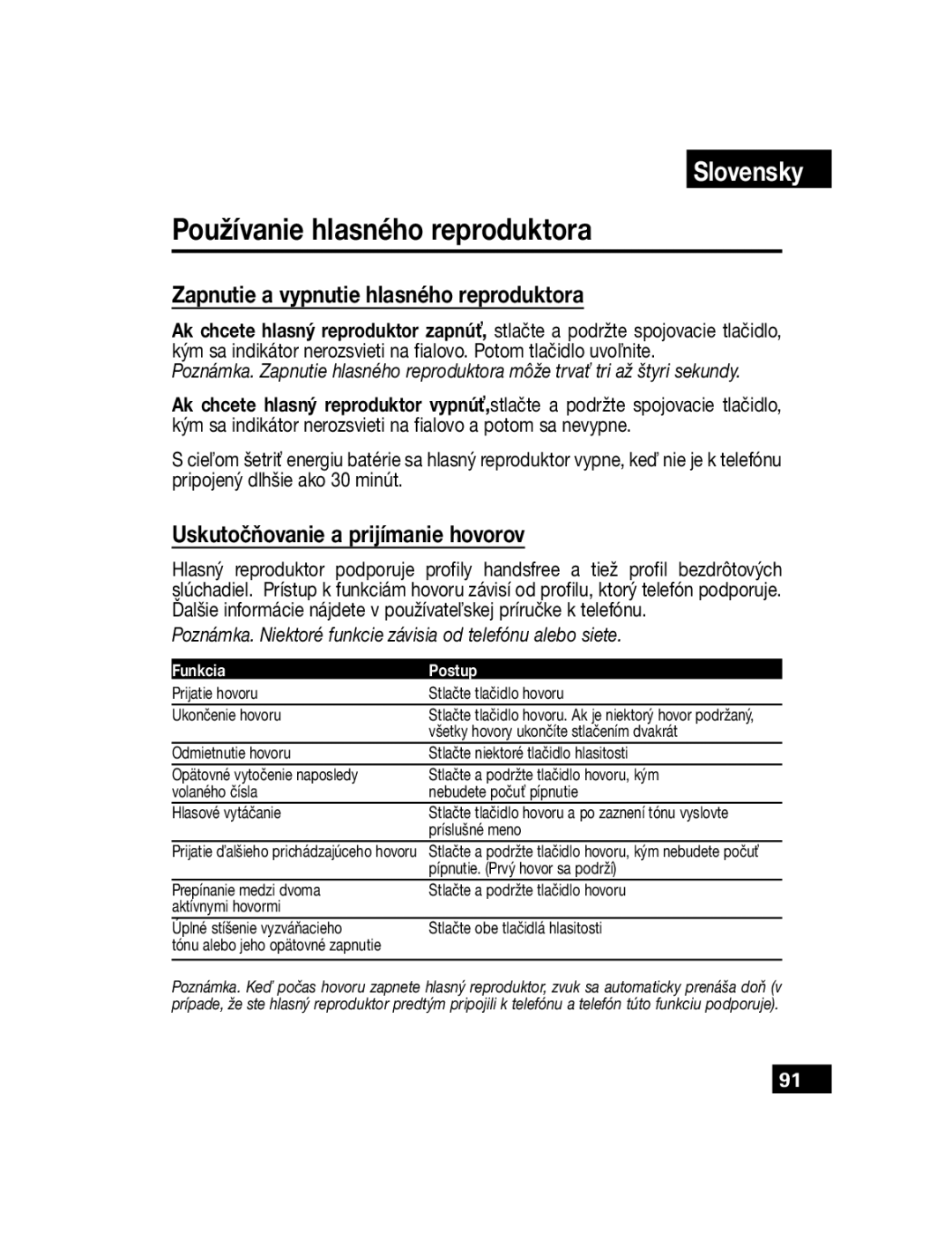 Motorola T305 manual Používanie hlasného reproduktora, Zapnutie a vypnutie hlasného reproduktora, Funkcia Postup 