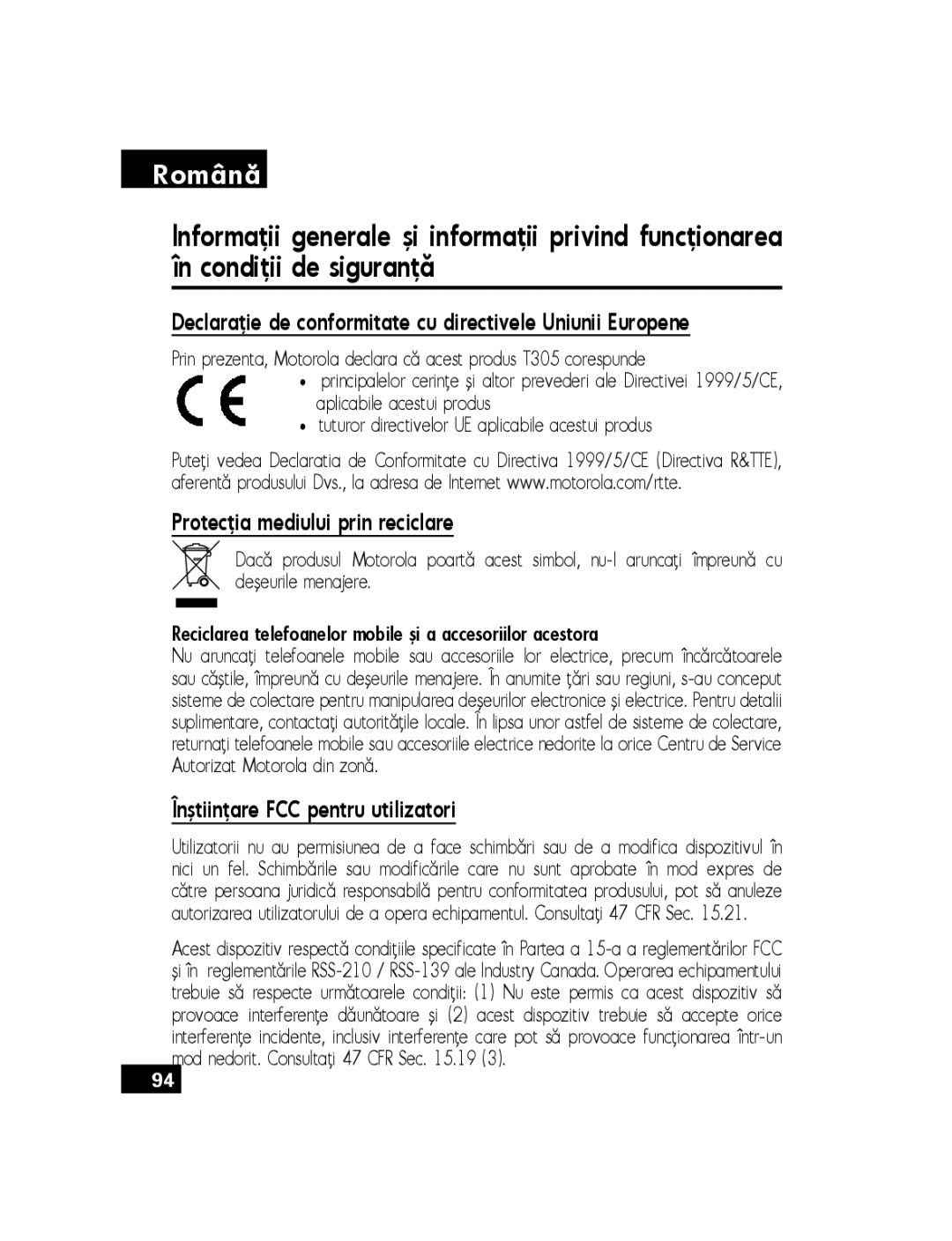 Motorola T305 manual Declaraţie de conformitate cu directivele Uniunii Europene, Protecţia mediului prin reciclare 