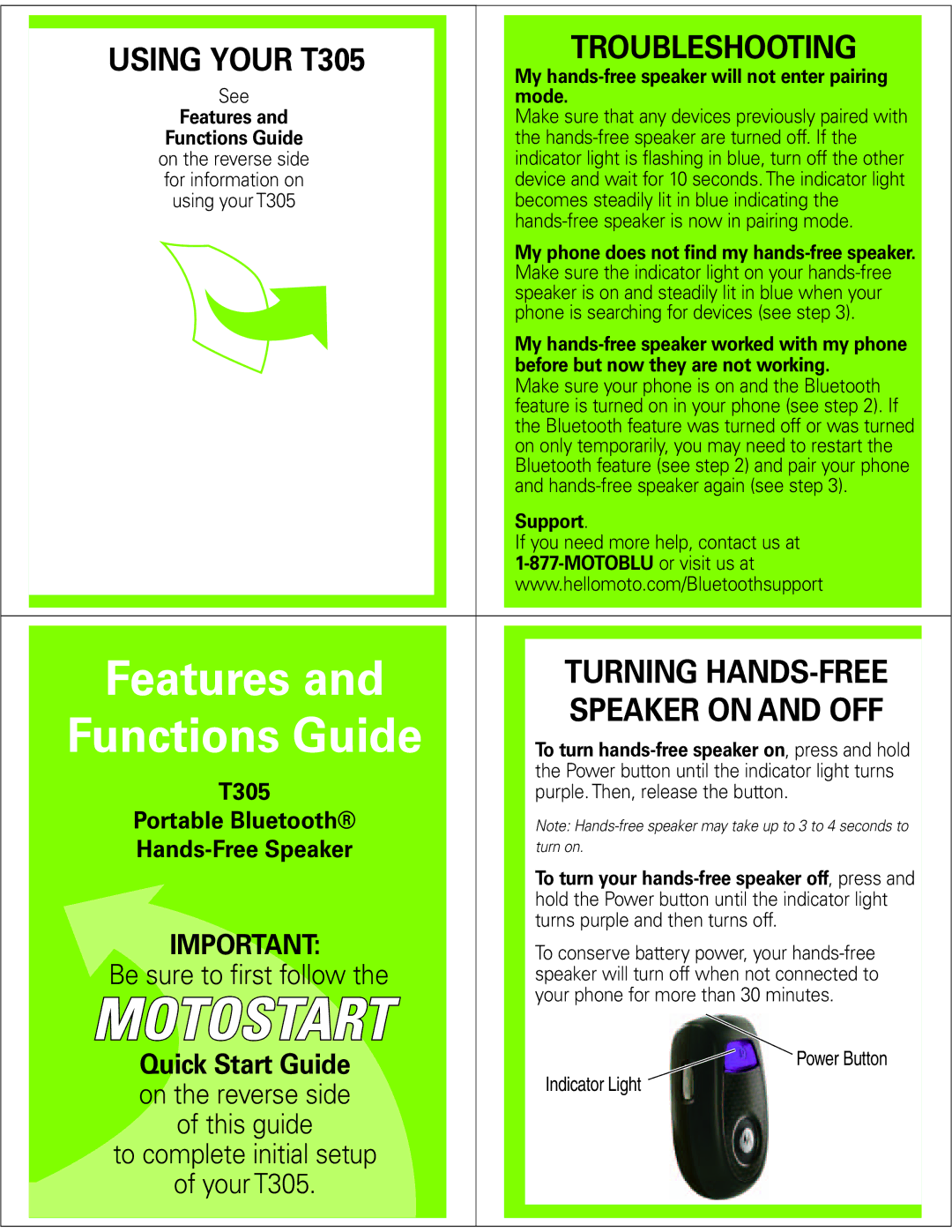 Motorola manual Troubleshooting, Using Your T305, Turning HANDS-FREE, Speaker on and OFF 