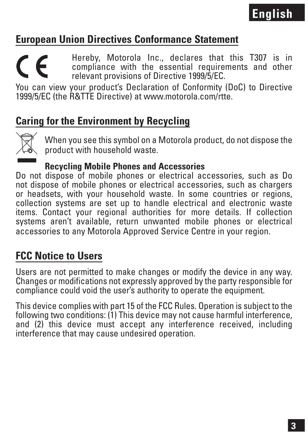 Motorola T307, 6803578F61 manual European Union Directives Conformance Statement, Caring for the Environment by Recycling 