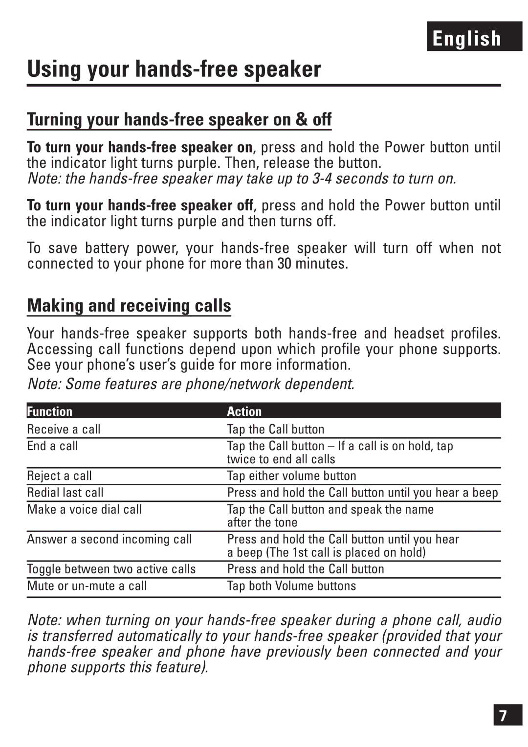 Motorola T307 manual Using your hands-free speaker, Turning your hands-free speaker on & off, Making and receiving calls 