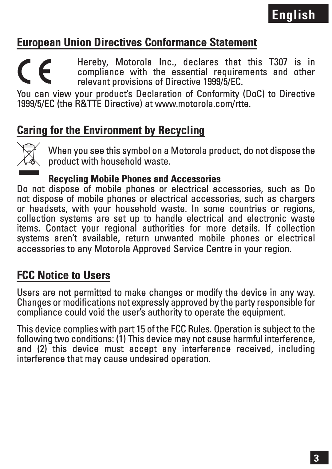 Motorola T307 manual English, European Union Directives Conformance Statement, Caring for the Environment by Recycling 