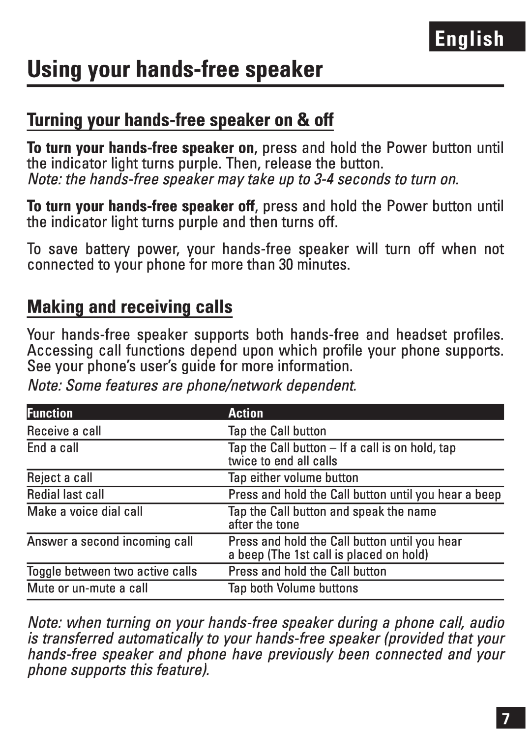 Motorola T307 Using your hands-free speaker, Turning your hands-free speaker on & off, Making and receiving calls, English 