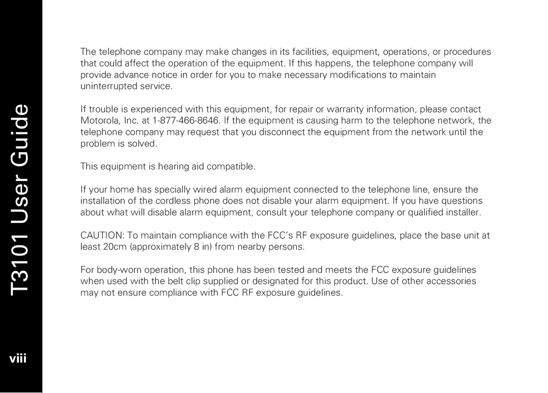 Motorola T3101 manual Viii 