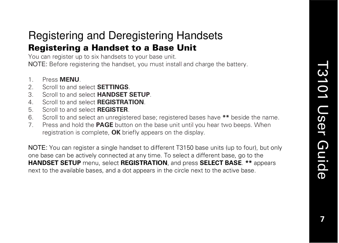 Motorola T3101 manual Registering and Deregistering Handsets, Registering a Handset to a Base Unit 