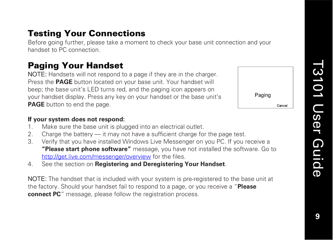 Motorola T3101 manual Testing Your Connections, Paging Your Handset 