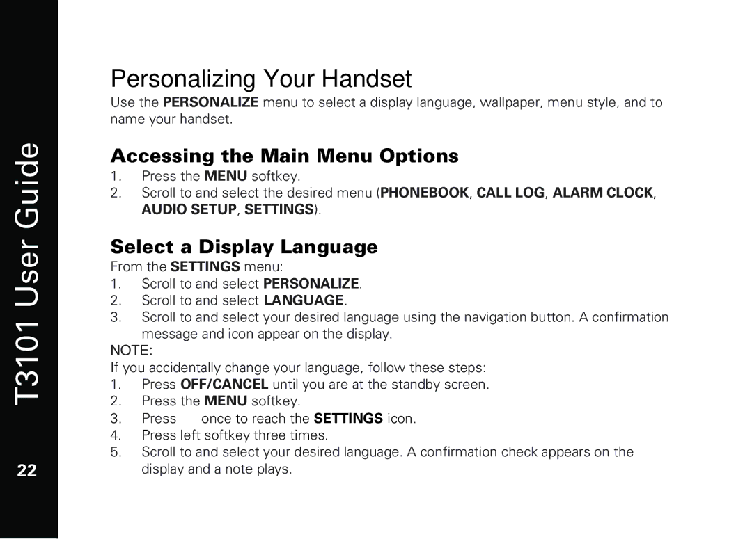 Motorola T3101 manual Personalizing Your Handset, Accessing the Main Menu Options, Select a Display Language 