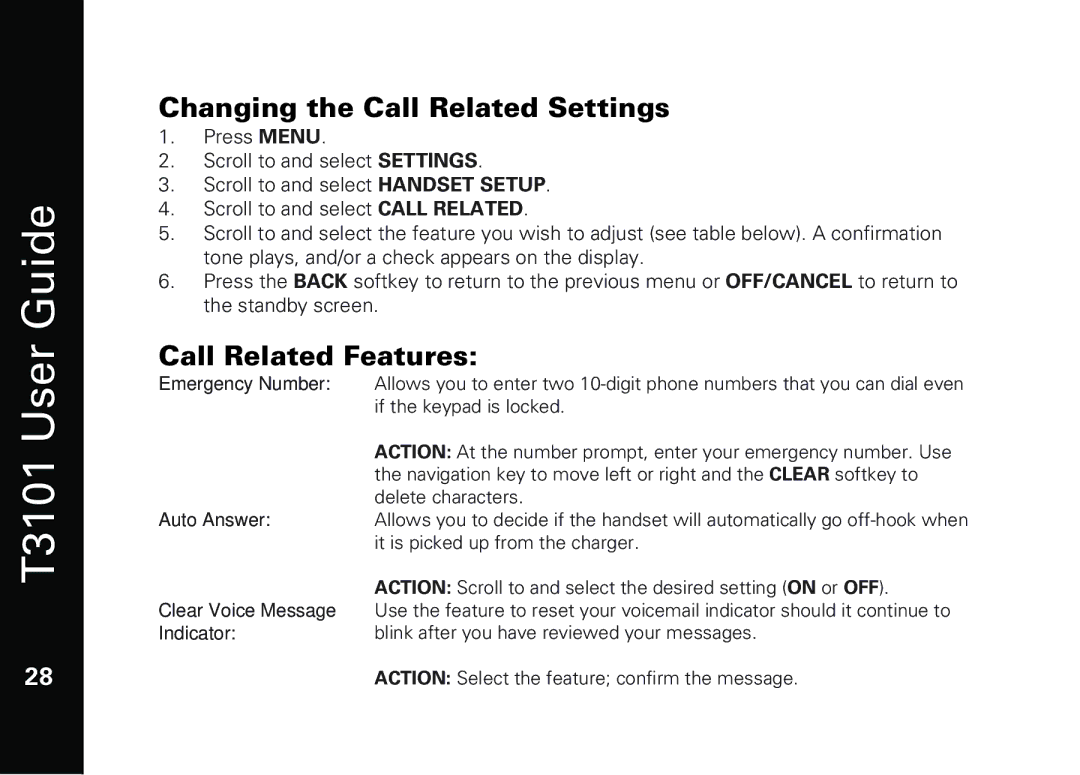 Motorola T3101 manual Changing the Call Related Settings, Call Related Features 