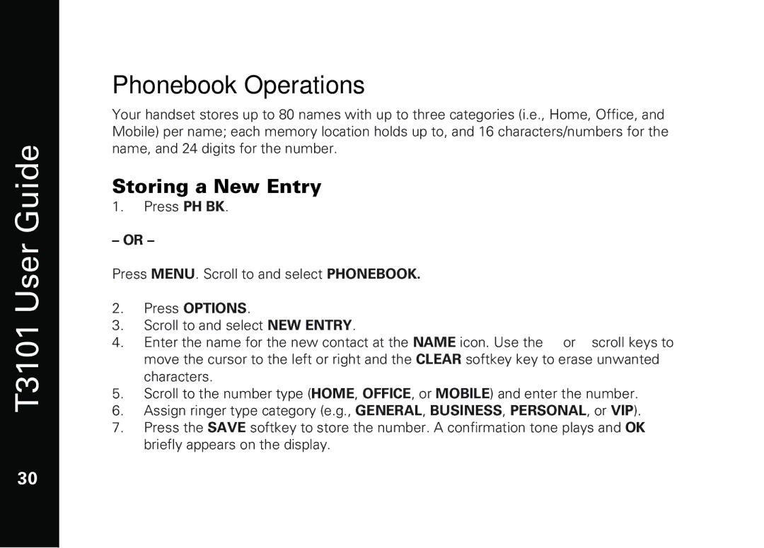 Motorola T3101 manual Phonebook Operations, Storing a New Entry 