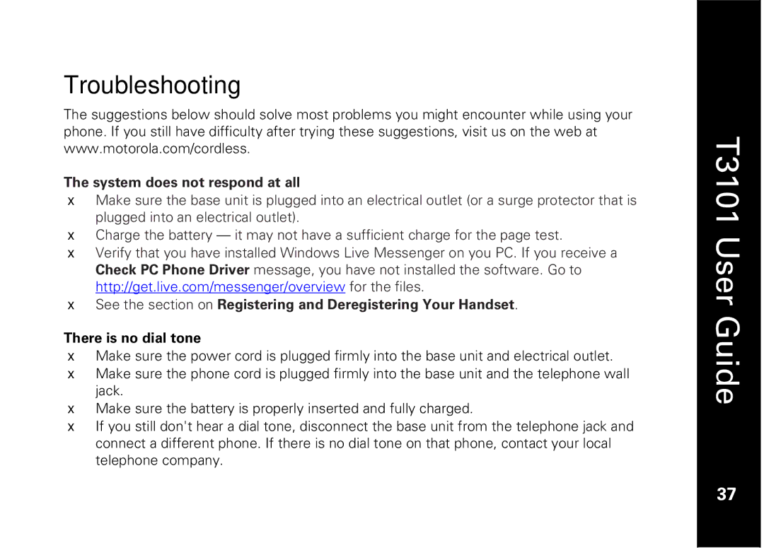 Motorola T3101 manual Troubleshooting, System does not respond at all 