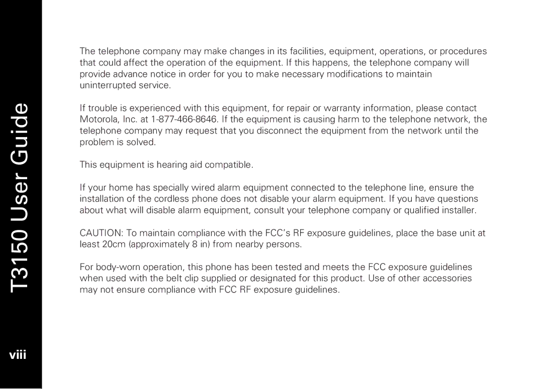 Motorola T3150 manual Viii 
