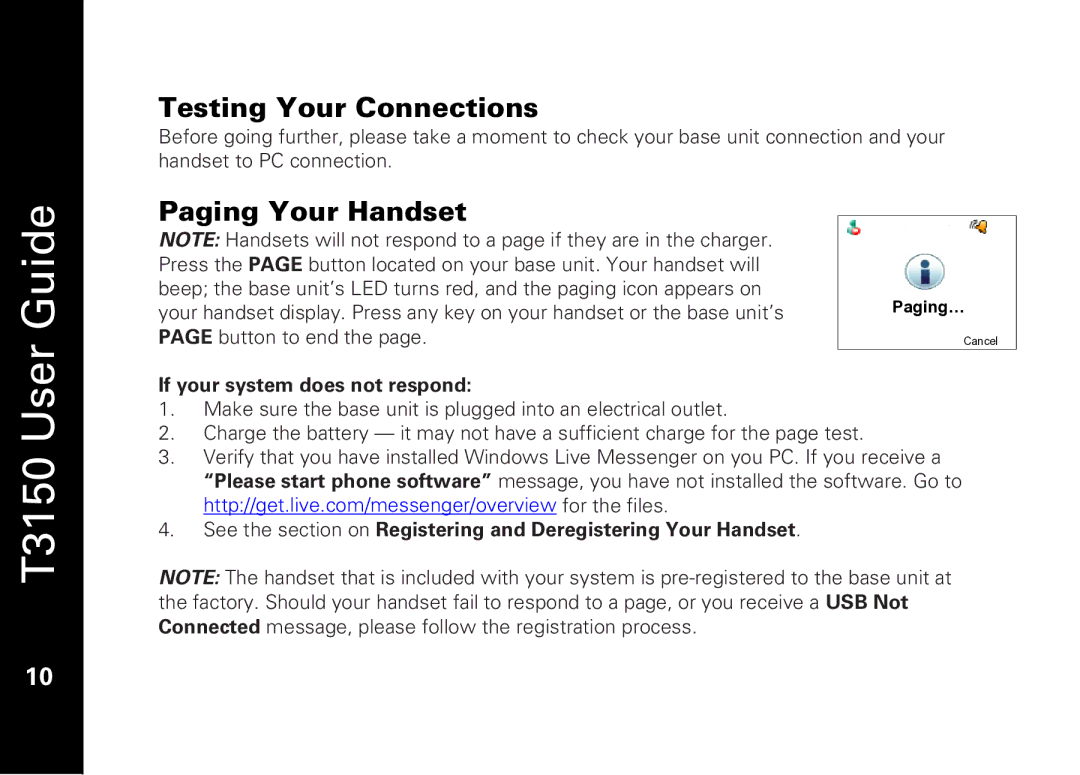 Motorola T3150 manual Testing Your Connections, Paging Your Handset 