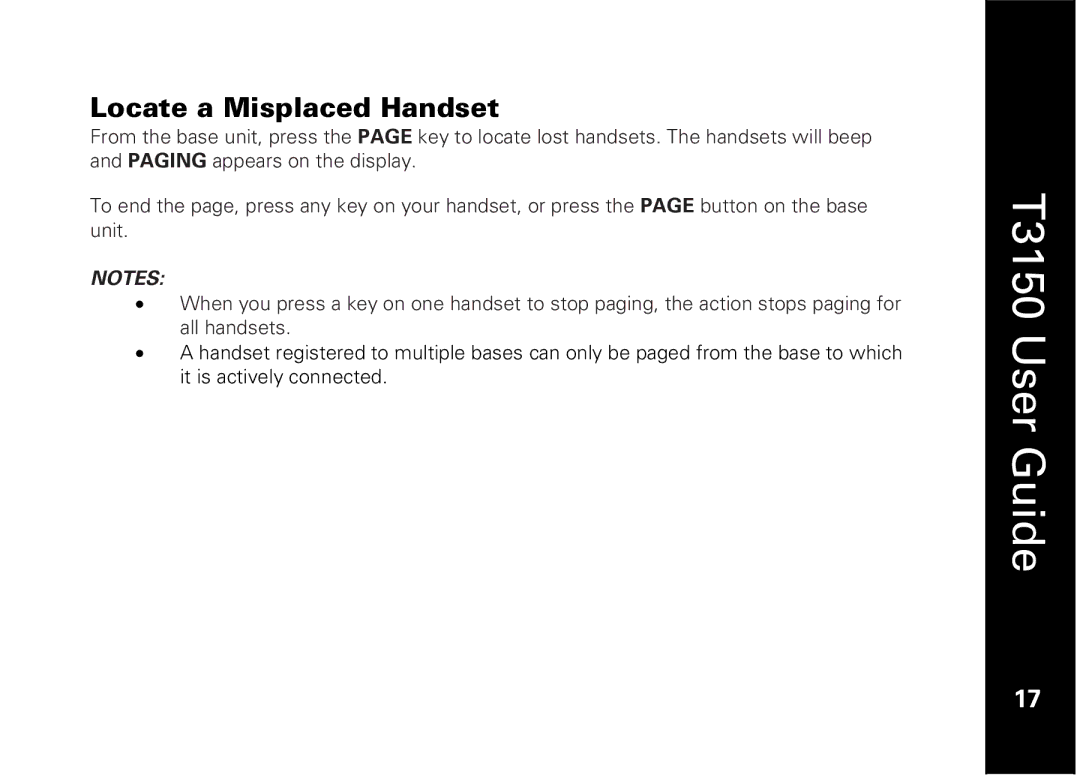 Motorola T3150 manual Locate a Misplaced Handset 