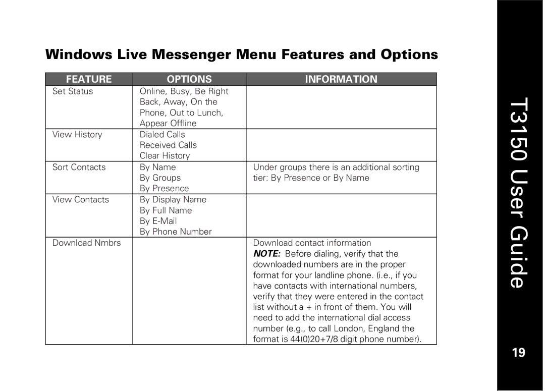 Motorola T3150 manual Windows Live Messenger Menu Features and Options, Feature Options Information 