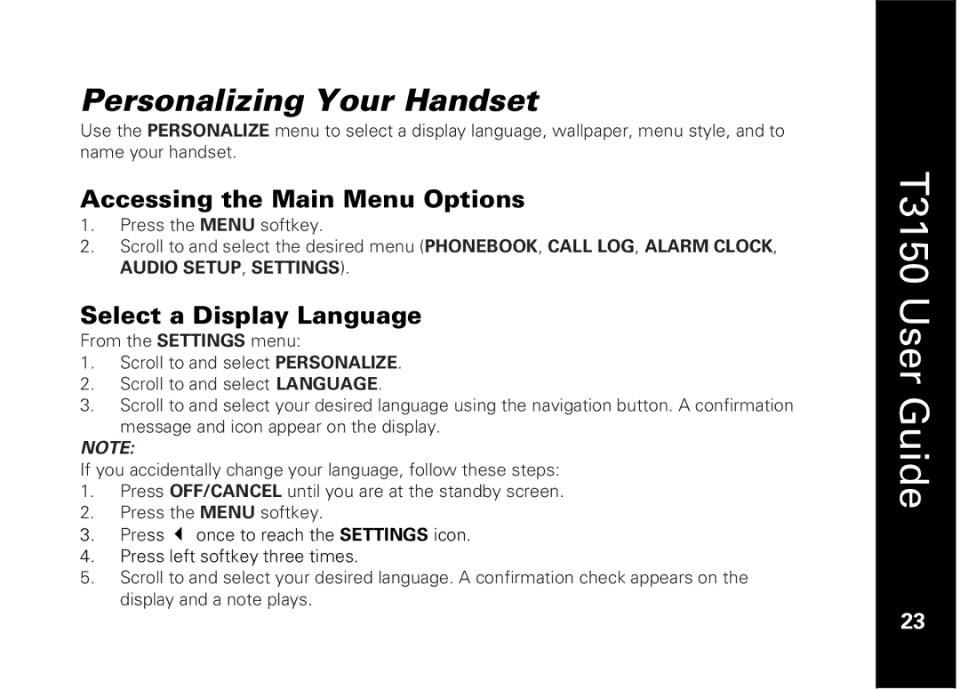 Motorola T3150 manual Personalizing Your Handset, Accessing the Main Menu Options, Select a Display Language 