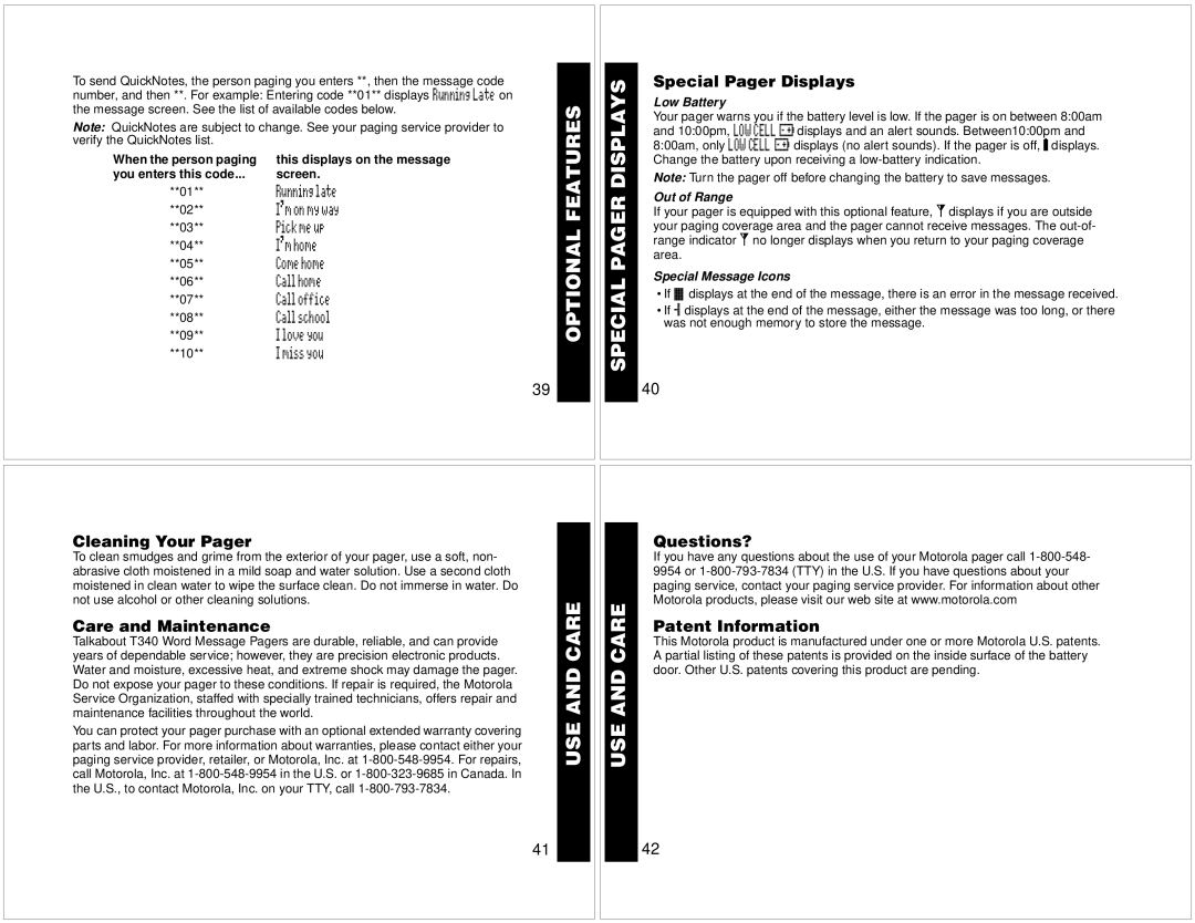 Motorola T340 manual Optional Features, USE and Care 