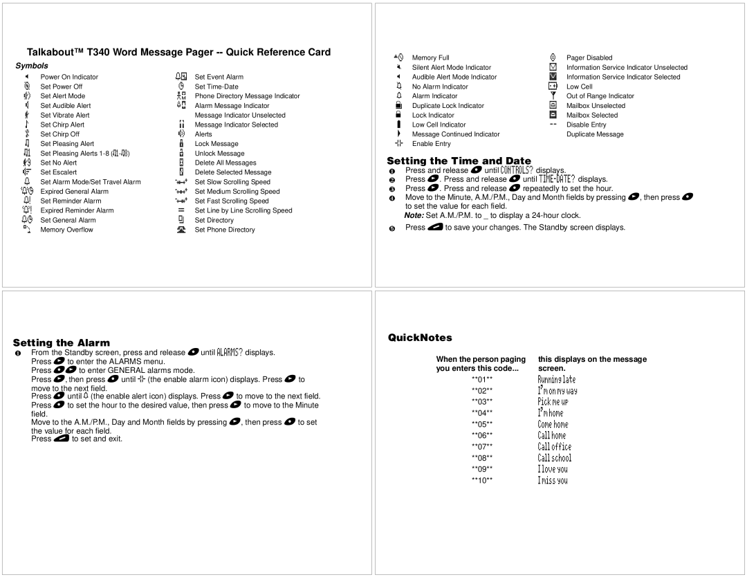 Motorola manual Talkabout T340 Word Message Pager -- Quick Reference Card, Setting the Alarm, QuickNotes, Symbols 