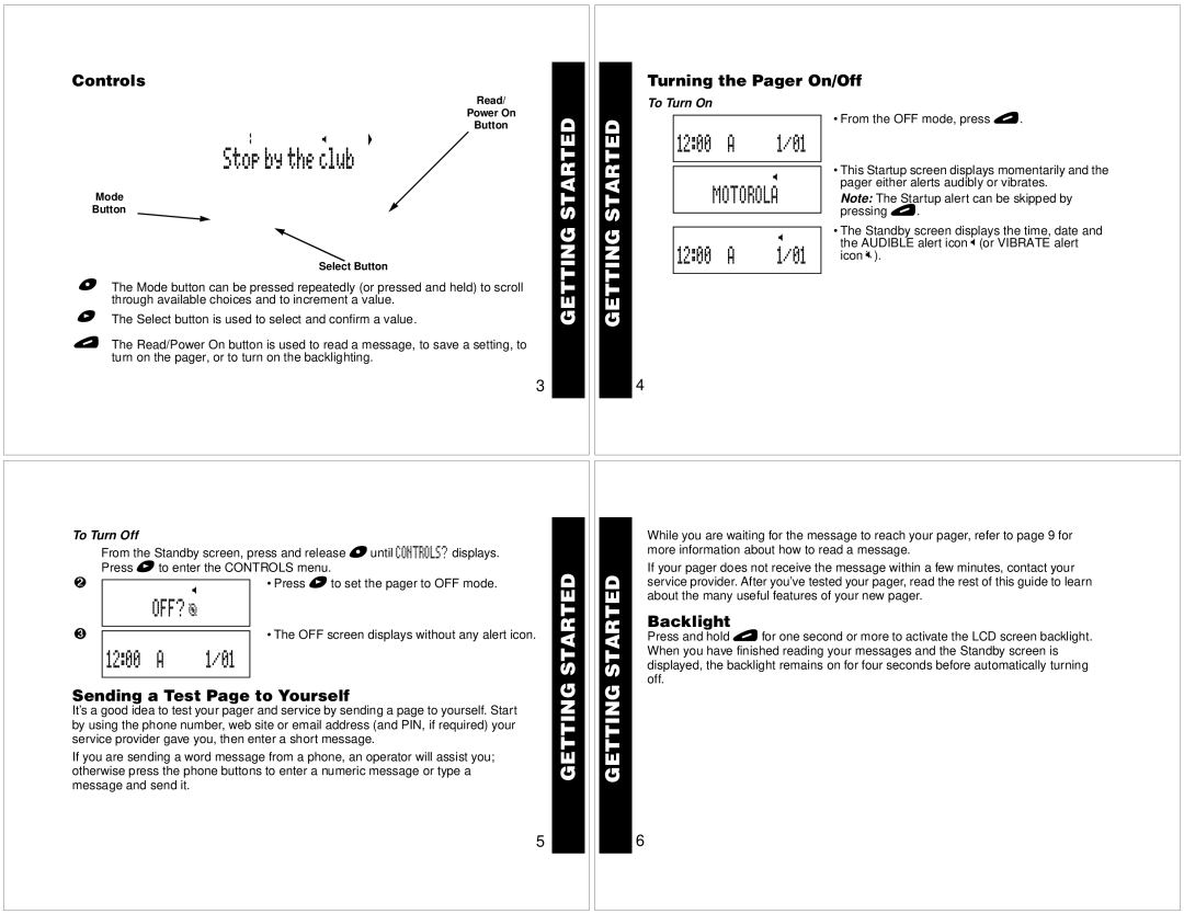 Motorola T340 manual Getting Started, Motorola, OFF? d 