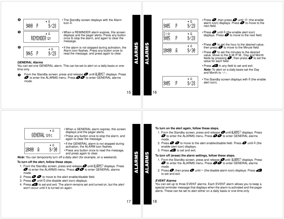 Motorola T340 manual Alarms, P Reminder s 945 P, 905 1000, 905 P 9/28, General t1 1000 a 