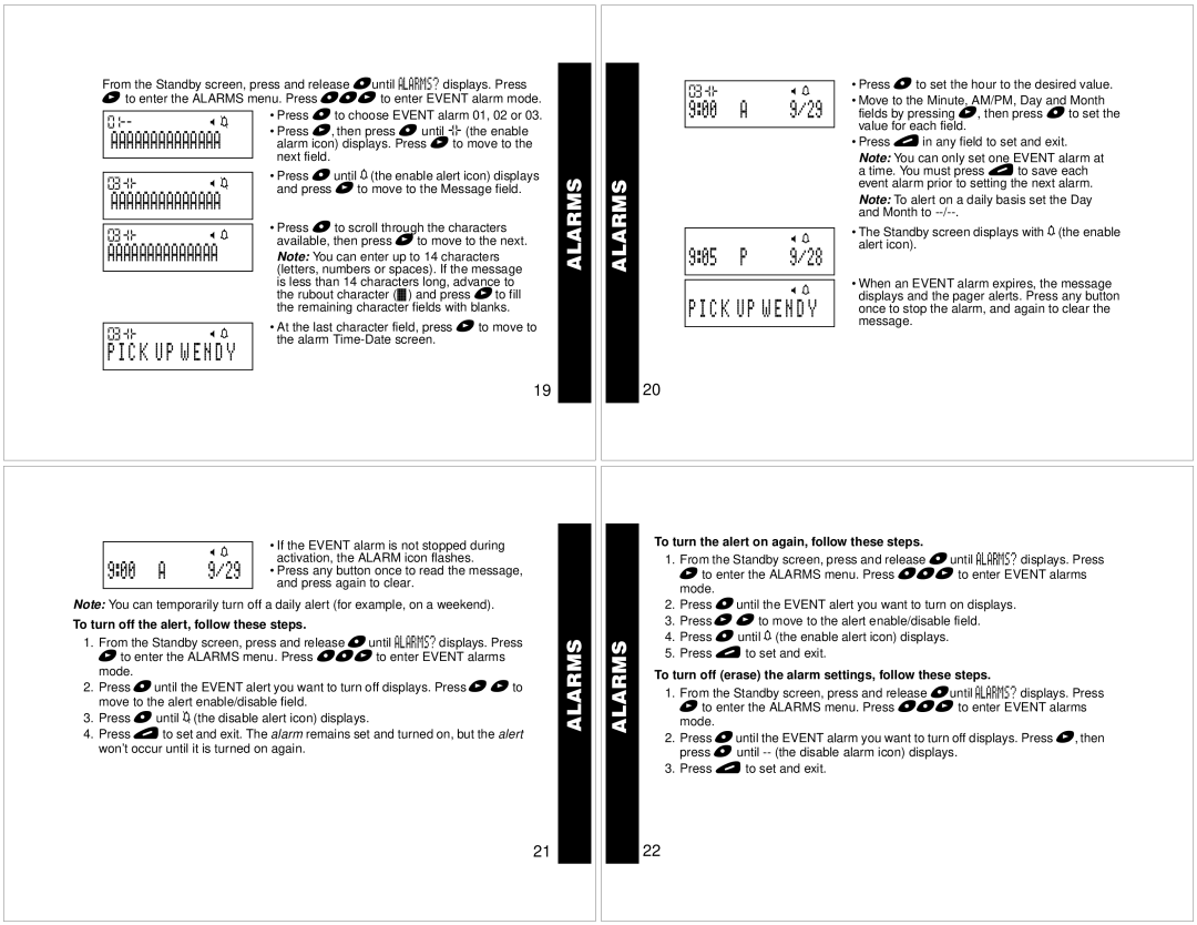 Motorola T340 manual 900 a, Aaaaaaaaaaaaaa, C K U P W E N D Y, To turn the alert on again, follow these steps 