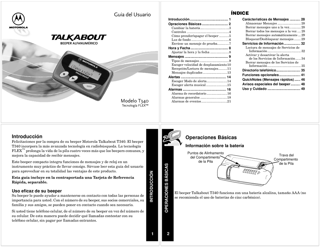 Motorola T340 manual Introducción, Operaciones Básicas, Información sobre la batería, Uso eficaz de su beeper 