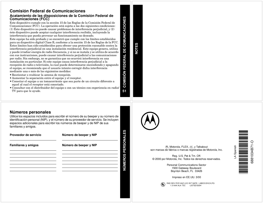 Motorola T340 manual Comisión Federal de Comunicaciones, Números personales 