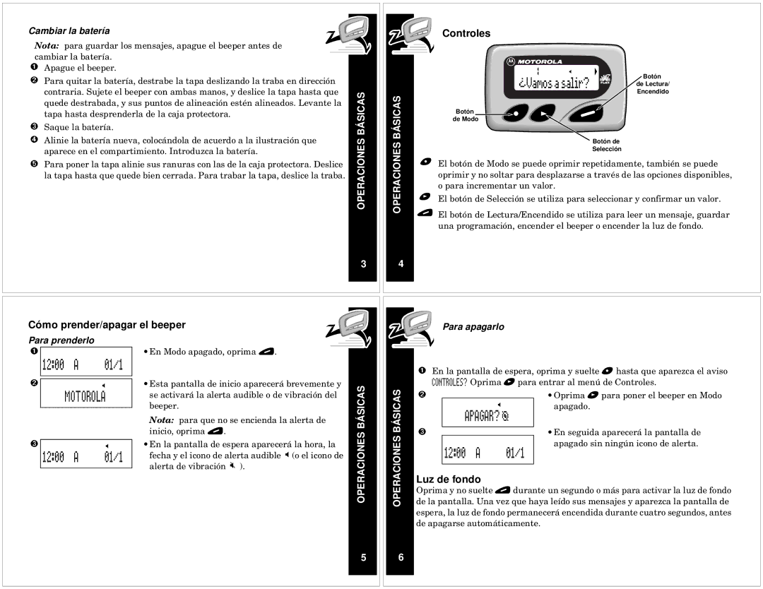 Motorola T340 manual Motorola, 1200 a 01/1, Controles, Cómo prender/apagar el beeper 