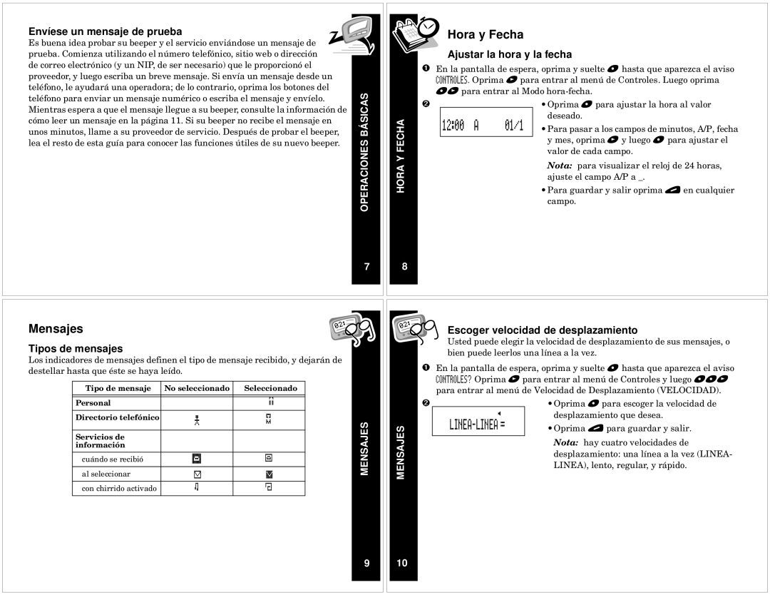 Motorola T340 manual Hora y Fecha, Mensajes 