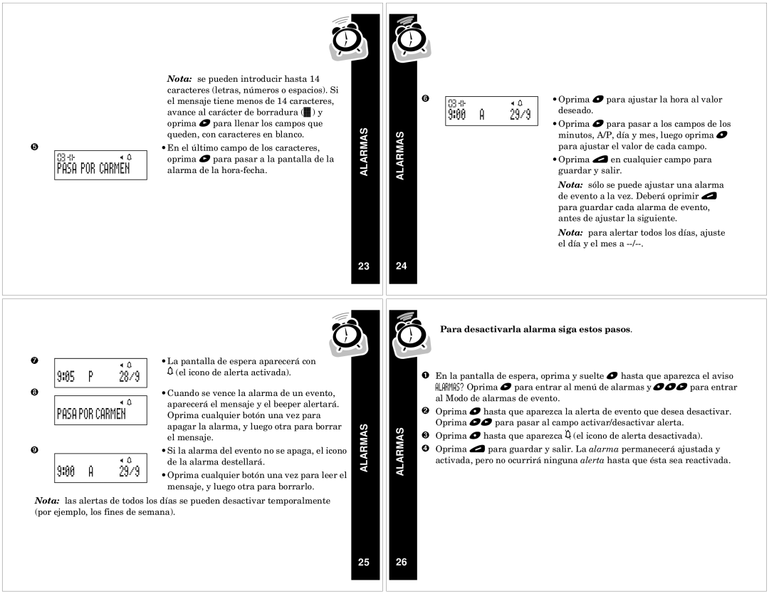 Motorola T340 manual 900 a 29/9, 905 28/9, 900 29/9, Para desactivarla alarma siga estos pasos 