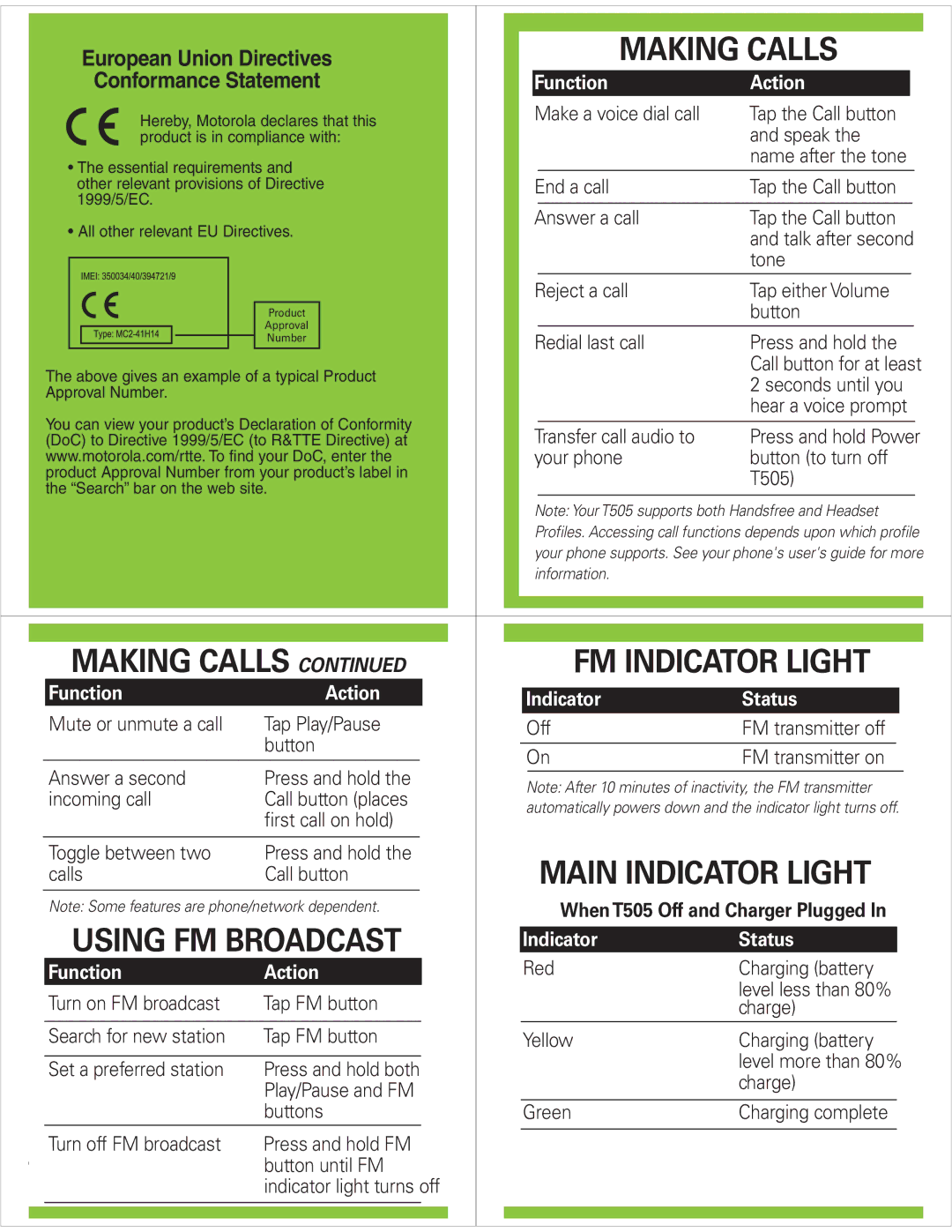 Motorola T505 quick start Making Calls FM Indicator Light, Main Indicator Light, Using FM Broadcast 