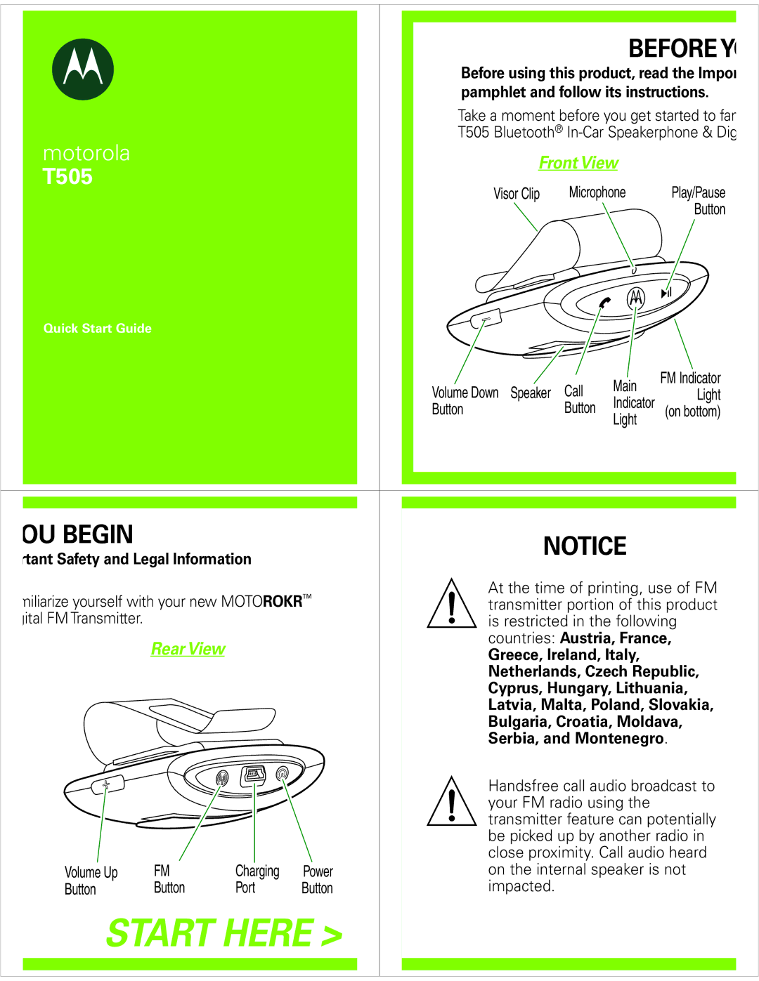 Motorola T505 quick start OU Begin, Rtant Safety and Legal Information 