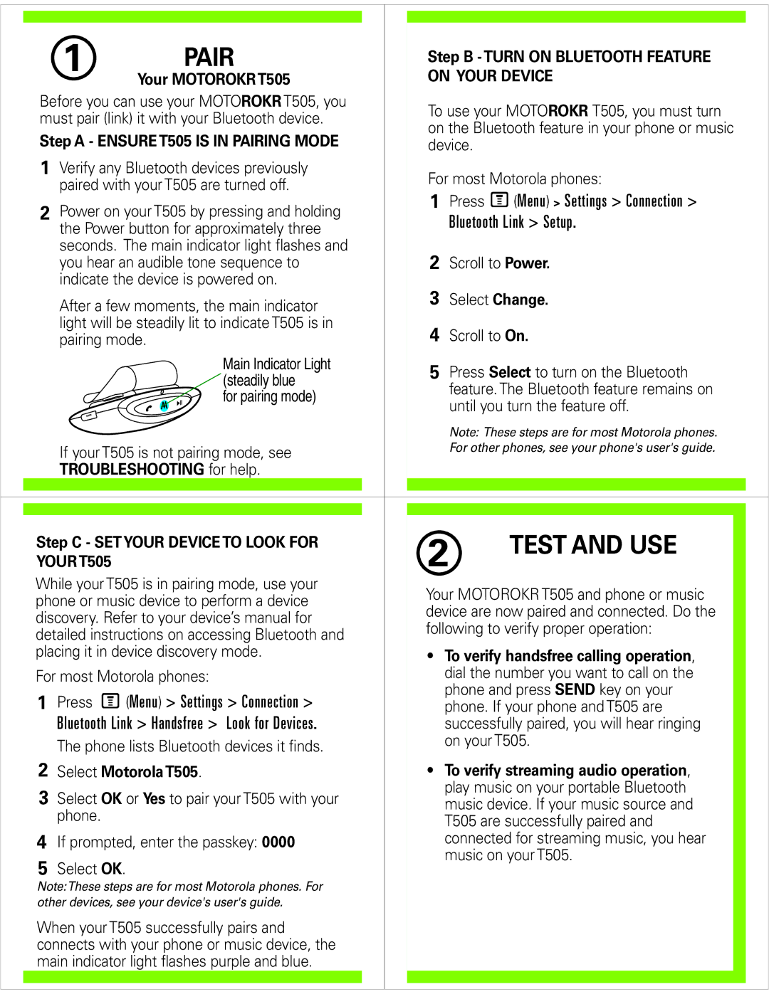 Motorola quick start Pair, Test and USE, On Your Device, Your T505 