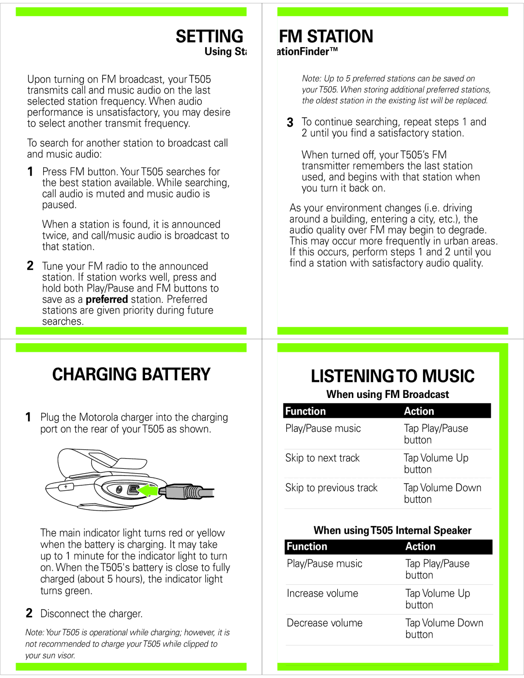 Motorola T505 quick start FM Station, Charging Battery, AtionFinder, When using FM Broadcast, Function Action 