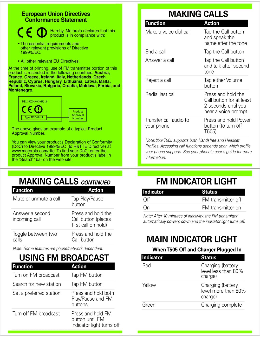 Motorola T505 quick start Making Calls FM Indicator Light, Main Indicator Light, Using FM Broadcast 