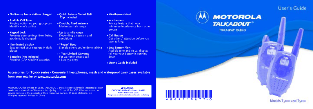 Motorola T5100, T5200 manual ¥ Keypad Lock ¥ Up to 2 mile range 