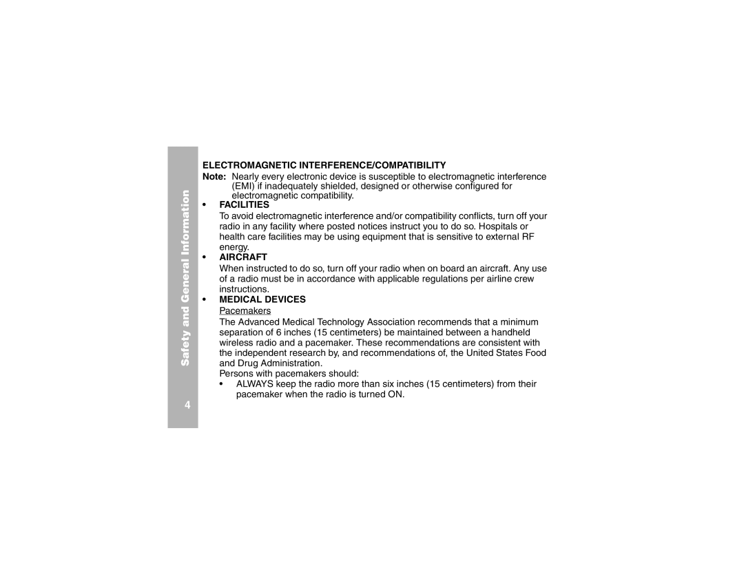 Motorola T5400, T5300 manual Electromagnetic INTERFERENCE/COMPATIBILITY Facilities, Medical Devices Pacemakers 