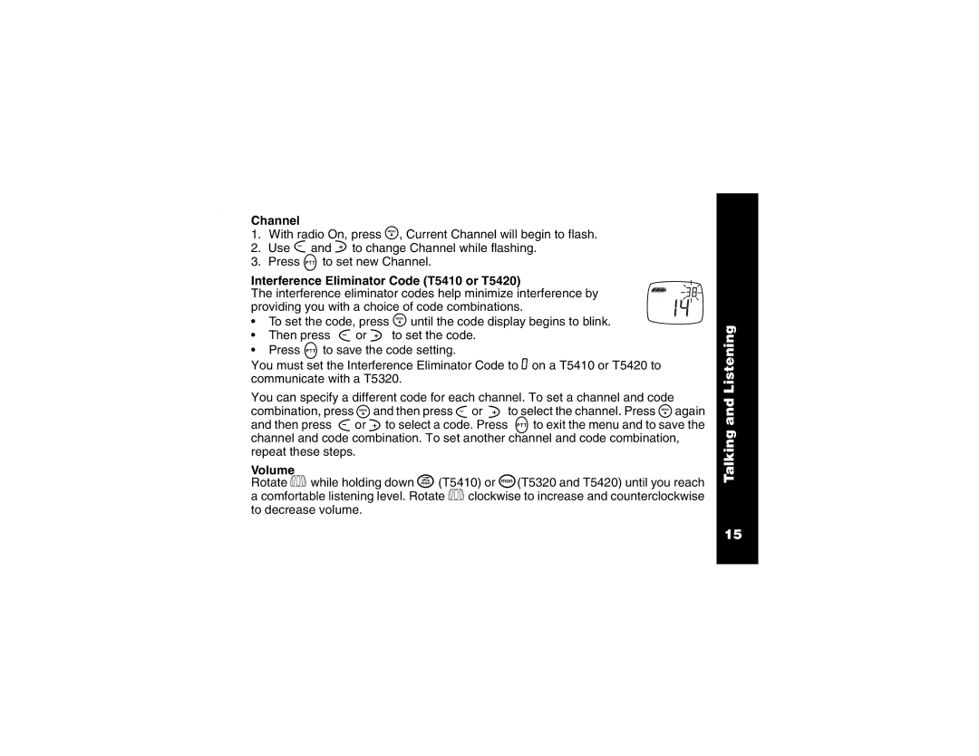 Motorola T5320ABUR manual Channel, Interference Eliminator Code T5410 or T5420, Volume 