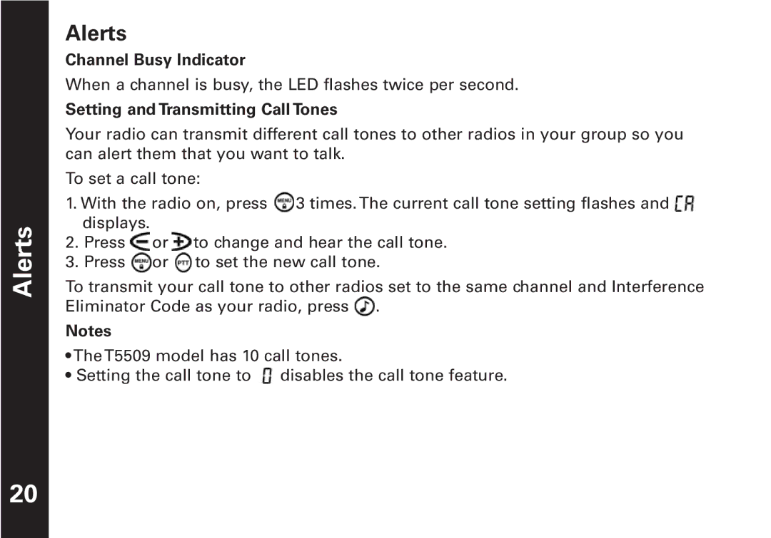 Motorola T5509KEM-PK10668 manual Alerts, Channel Busy Indicator, Setting and Transmitting Call Tones 