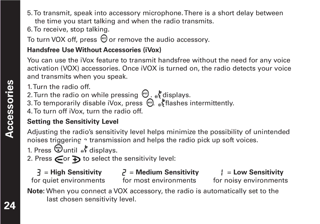 Motorola T5509KEM-PK10668 manual Handsfree Use Without Accessories iVox, Setting the Sensitivity Level 