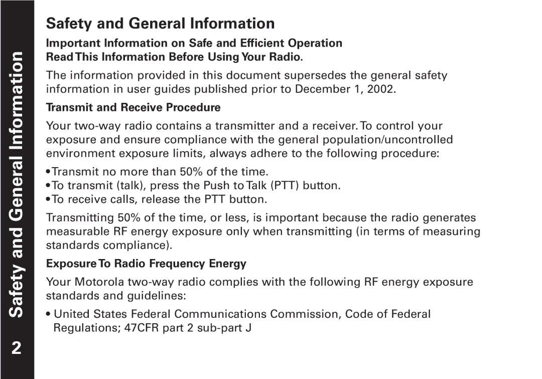 Motorola T5509KEM-PK10668 manual Safety and General Information, Transmit and Receive Procedure 