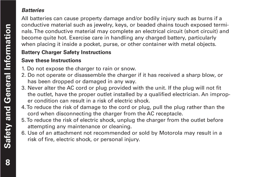 Motorola T5509KEM-PK10668 manual Batteries, Battery Charger Safety Instructions 