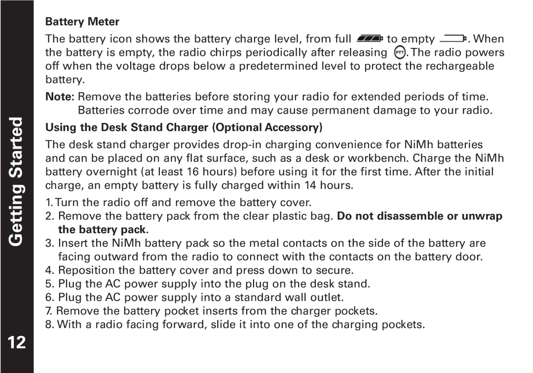 Motorola T5509KEM-PK10668 manual Getting Started, Battery Meter, Using the Desk Stand Charger Optional Accessory 