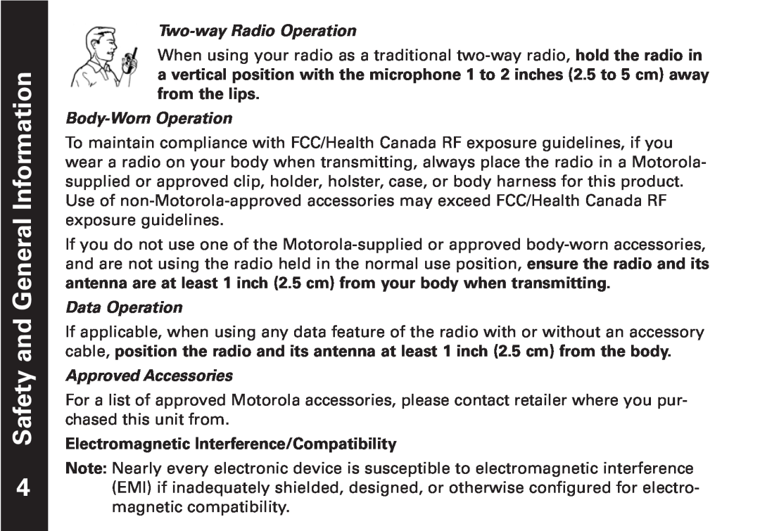 Motorola T5509KEM-PK10668 manual Two-way Radio Operation, Body-Worn Operation, Data Operation, Approved Accessories 