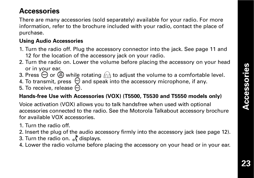 Motorola T5530, T5550 manual Accessories 