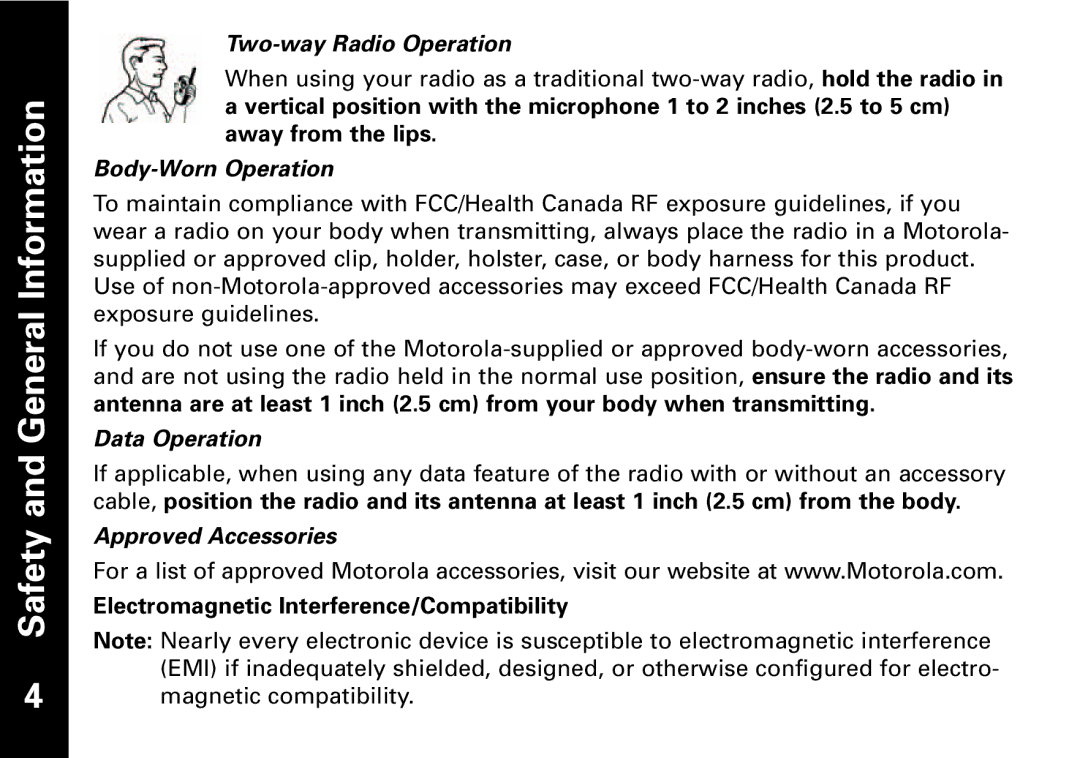 Motorola T5530, T5550 manual Two-way Radio Operation, Body-Worn Operation, Data Operation, Approved Accessories 